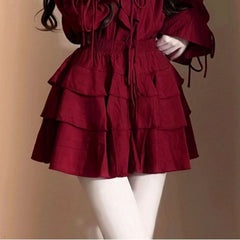 Aiertu leapord halloween outfit French Style White Red Lace V-neck Ruffled Suit Women's Spring High Waist Cake Short Skirt Temperament Two-Piece Set aiertu