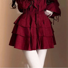 Aiertu leapord halloween outfit French Style White Red Lace V-neck Ruffled Suit Women's Spring High Waist Cake Short Skirt Temperament Two-Piece Set aiertu