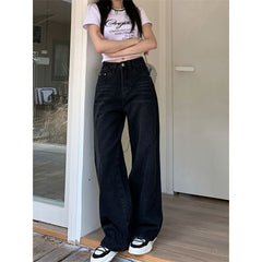 Aiertu joker costume female outfit Black Wide-Leg Jeans Women's Spring and Autumn High Waist Loose Straight Pear-Shaped Cross-Covering Slimming Draping Mop Pants aiertu