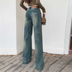 Aiertu dress to impress outfits American Retro Distressed Washed Low Waist Wide Leg Pants Hot Girl Denim Straight Pants Mopping Pants Lengthened aiertu