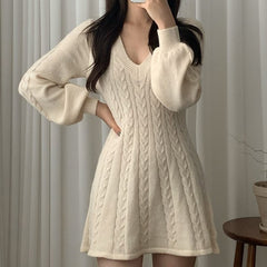 Aiertu long sweater dress outfit Chic Autumn and Winter Vintage Linen Pattern V-neck Tight Waist Slimming Small A- line Knitted Sweater Dress Women aiertu
