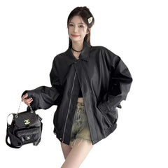 Aiertu dress to impress outfits Retro American-Style Brown Leather Jacket Women's Autumn Black Sweet Cool Motorcycle PU Leather Loose Long-Sleeved Top aiertu