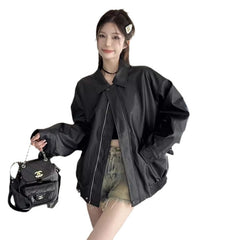 Aiertu dress to impress outfits Retro American-Style Brown Leather Jacket Women's Autumn Black Sweet Cool Motorcycle PU Leather Loose Long-Sleeved Top aiertu