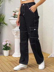 Aiertu black sweater dress outfit Personalized Street Style Multi-Pocket Straight Jeans Women's Black Overalls aiertu