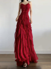 Aiertu - Sexy Mermaid Spaghetti Straps Red Chiffon Ruffles Birthday Dresses Long Prom Dress HOT1160 Aiertu