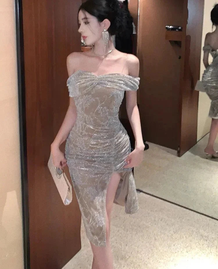 Aiertu DRESS TO IMPRESS Evening Dresses Women Temperament Shiny Off Shoulder Slim Wrapped Split Midi Dress French Gentle Fashion Party Vestidos aiertu