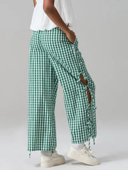 AIERTU - Women Plaid Wide Leg Pants Side Tie-Up Hollow-Out Loose Straight Trousers Bottoms Spring Summer Fashion Casual Sweatpants Aiertu