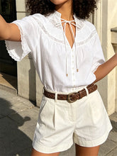 AIERTU - Women's Lace Trim Blouse Short Sleeve V Neck Button Up Loose Fit Sheer Tops Summer Casual Daily Out Going White Shirts Aiertu