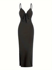 knit simple sleeveless suspender dress in spring and summer, leaking back and sexy long skirt with neck. Aiertu