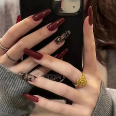 Aiertu 24pcs New Year Fake Nails Long Ballet Nails French Vintage Style Wine Red False Nail Press on Nails Waterproof Faux Fingernails aiertu