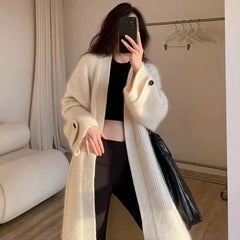 Autumn Winter Women Button Long Sleeve Knitted Long Cardigan Coats Lady Baggy Knitwear Sweater Aiertu