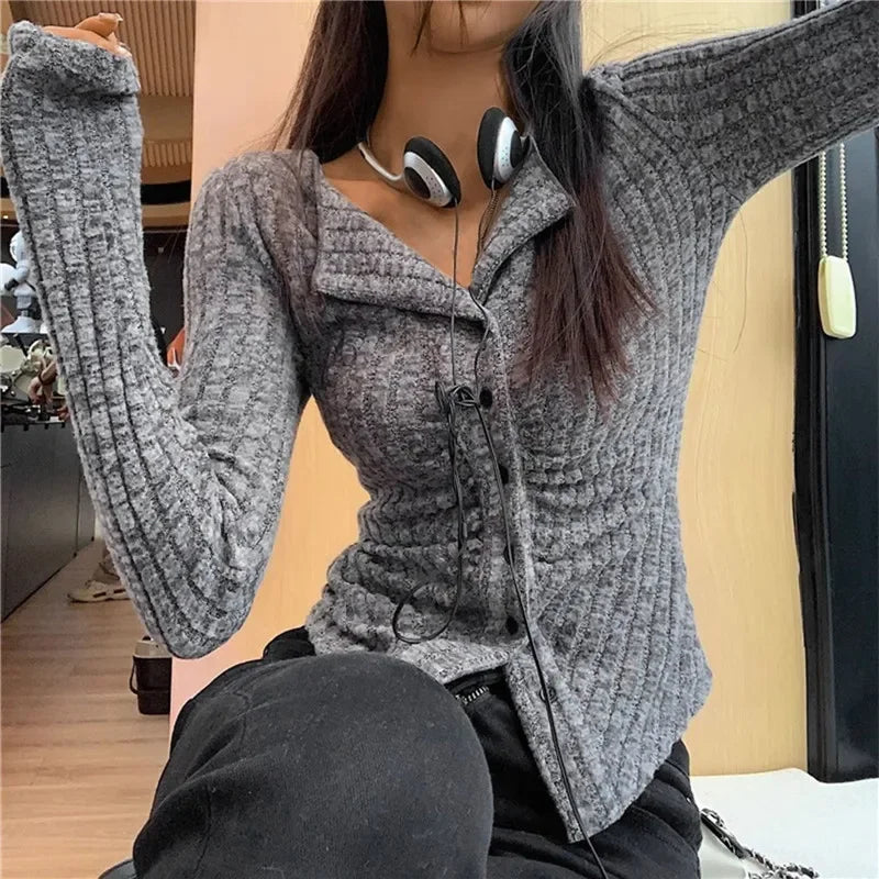 Y2k Knitted Cardigan Women Collar Sweater Coat Vintage Long Sleeve Single Breasted Top Autumn Fashion Girls Knitwear Jumper Aiertu