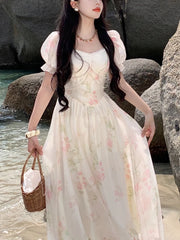 Aiertu Summer French Design Elegant Sundress Women Short Sleeves Floral Midi Dress Beach Style Casual Fashion Party Dress Korean Aiertu