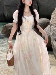 Aiertu Summer French Design Elegant Sundress Women Short Sleeves Floral Midi Dress Beach Style Casual Fashion Party Dress Korean Aiertu