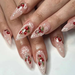 Aiertu 24pcs Vintage Cute Strawberry Fake Nail Girls Weable Romantic White Lace Decor False Nail Patch Detachable Almond Press on Nails aiertu