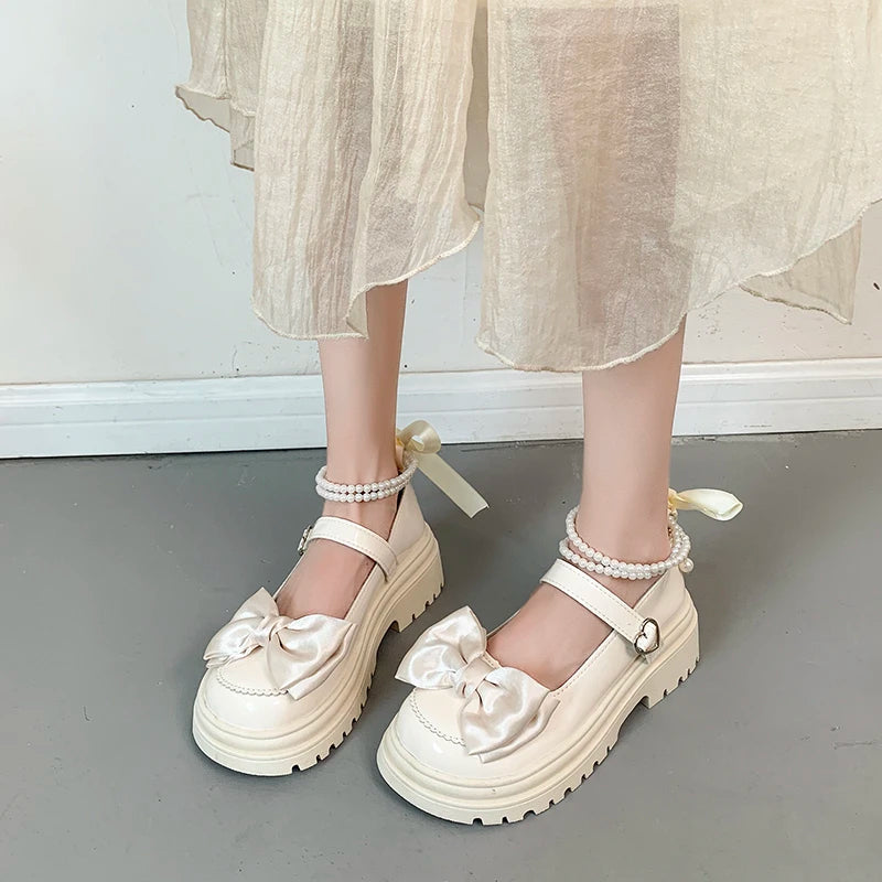 Aiertu Back to school Sweet cool small leather shoes new summer lightweight muffin bow thick sole JK single shoes Aiertu