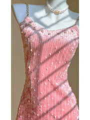 Aiertu Spring 2024 French Temperament Striped Sleeveless Backless Rhinestone Chain High Waist Slim-Fit Pink Sling Fairy Dress Women Aiertu