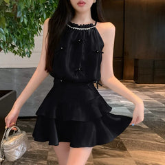 Aiertu Fashion Temperament Bow Diamond Hanging Neck Top Satin Cake Skirt Two-piece Set Women Shirring Off Shoulder Solid Sweet Wear New Aiertu