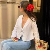 AIERTU - Chic V Neck Linen Blouse Women's Long Sleeve Lace up Sve Shirt Commute Style Loose Fit Short Coat Spring Season Pure Color Aiertu