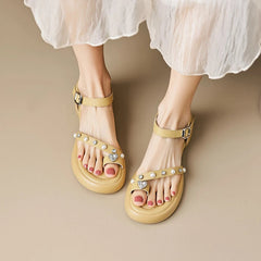 Aiertu Summer Woman Sandals Sheepskin Shoes for Women Round Toe High Heel Shoes Open Toe Chunky Heel Sandals Casual Platform Shoes Aiertu