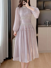 Aiertu Fashion New Women Elegant Casual Midi Long Prom Dress Puff Sleeve A-Line Solid Vintage Party Birthday Clothes Female Robe Mujers Aiertu