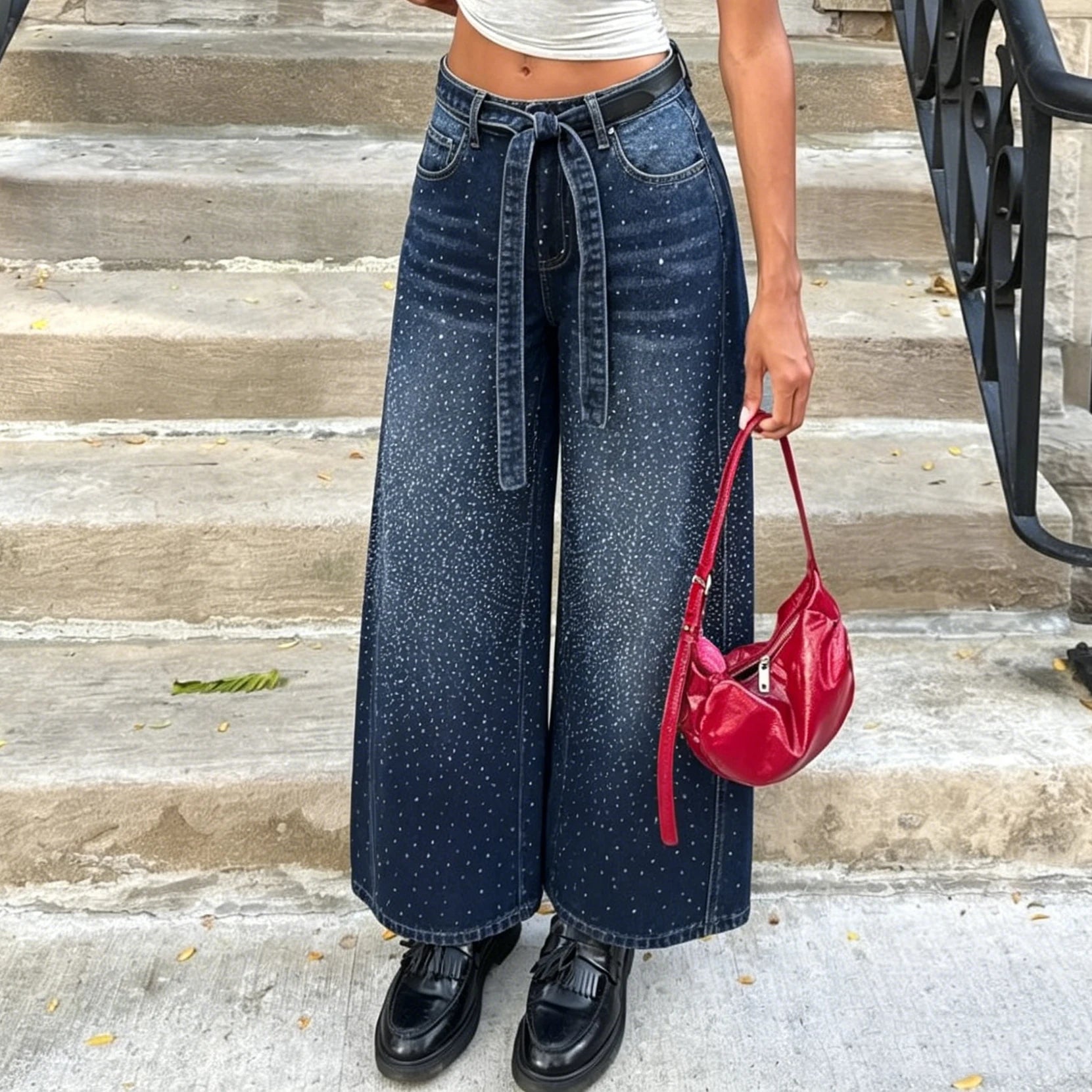 AIERTU - Y2K Rhinestone Jeans High-Waisted Ombre Gradient Wide Leg Denim Pants with Sashes All-Over Sparkle Detail Trouser 90s Streetwear Aiertu