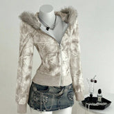 AIERTU - Women Y2K Zip Up Hoodies Slim Fit Faux Fur Collar Hooded Sweatshirt American Vintage Autumn Winter Fashion Jackets Aiertu
