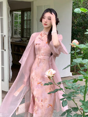 Aiertu Print French Vintage Two Piece Set Women Elegant Sweet Party Long Dress Suit Female Causal Cardigan + Korean Fashion Dress Aiertu