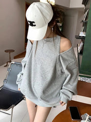 Aiertu Women Black Elegant Long Sleeve Button Off Shoulder T Shirt Casual For Spring Autumn Gray Round Neck Loose Pullover Tops Fashion Aiertu