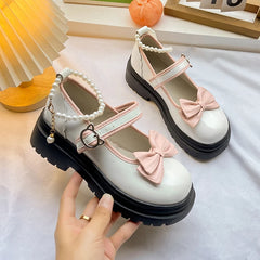 Aiertu Summer Female Shoes Fashion Mary Jane Shoes Round Head Band Heel Shoes Women Bow Pearl Square Heel Low-top Pumps Aiertu