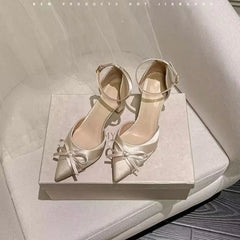 AIERTU - Women Pumps White Wedding Shoes Bride Luxury Satin Butterfly-knot Pointed Toe Adjustable Slingback Heels Elegant Women Heels Aiertu