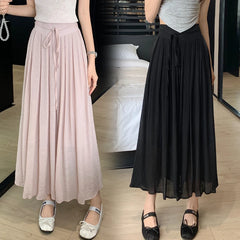 Aiertu Women Elegant High Waist Maxi Lace Up Skirt Summer Ladies Casual Elastic Waist Pleated Long Skirts Fairy A-line Mid Length Aiertu