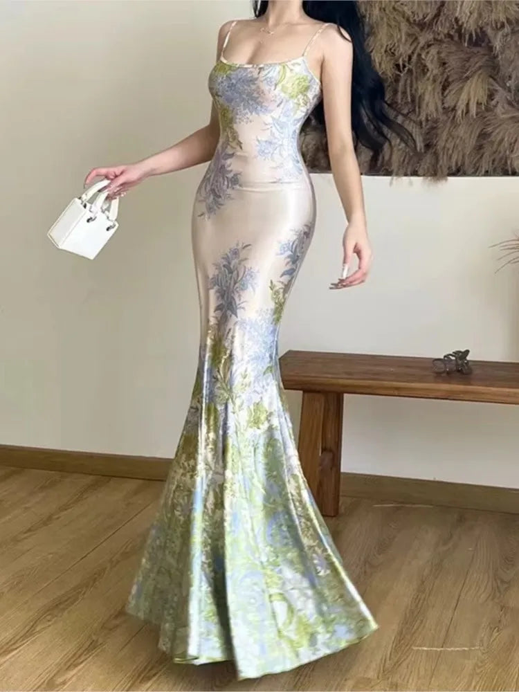 Aiertu Fashion New Women Summer Bodycon Slim Long Dress Sleeveless Casual Floral Vintage Fishtail Vestidos Female Party Clothes Robe Aiertu