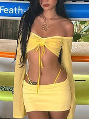 Aiertu Y2K Aesthetics Sexy Co-ord Sets Yellow 2000s Clubwear Off Shoulder Flare Sleeve Crop Tops and Micro Skirt 2 Piece Suits aiertu