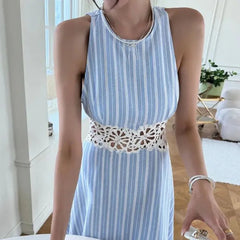 AIERTU - Women Dress Striped Pattern Waist Hollow Lace Splicing Backless Sleeveless Vest A-line Round Neck High Waisted Casual Long Dress Aiertu