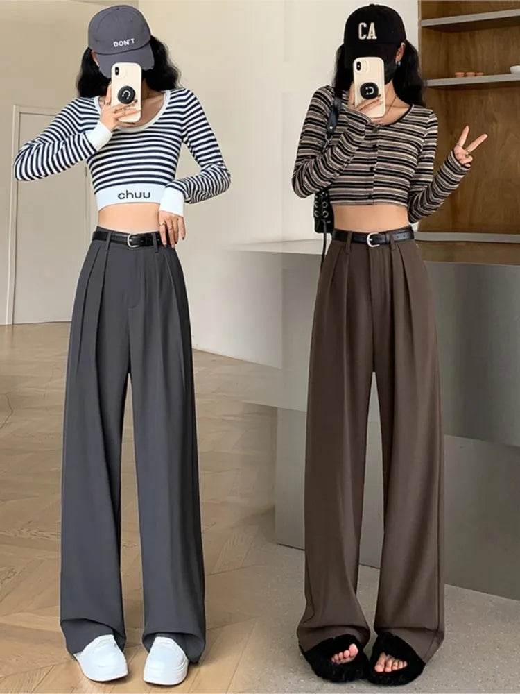 Retro Straight Wide Leg Brown Pants Vintage Female Korean High Waist Casual Long Navy Blue Pants White Beige Trousers Aiertu