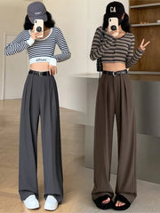 Retro Straight Wide Leg Brown Pants Vintage Female Korean High Waist Casual Long Navy Blue Pants White Beige Trousers Aiertu