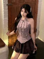 France Fashion Y2k Mini Skirt Suit Women Vintage Elegant Chic 2 Piece Dress Female Purple Slim Tops+High-waisted Skirt Designer Aiertu