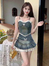 Sexy Hot Girls Retro Splicing Denim Two Piece Skirt Sets Women Summer New Camisole Vest Tops + Half-body A Line Mini Skirt Aiertu