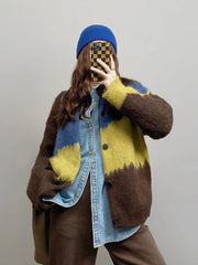 Harajuku Vintage Cardigan Women Patchwork Korean Knitted Sweater Tops Lazy Wind Loose Casual Long Sleeve Cardigan Coat New Aiertu