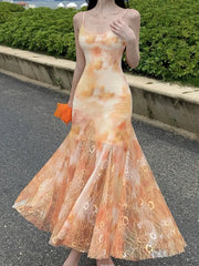 Aiertu Spaghetti Strap Floral Women Summer Dress Sleeveless Bodycon Elegant Fishtail Slim Clothes Sexy Female Casual Dresses Robe Mujer Aiertu