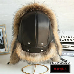 AIERTU - Fur Hat Women Black Fox Fur Ushanka Hats Winter Warm Ears Bomber Cap Thick Hat Windproof Ear Flaps Middle Aged Cold Weather Aiertu