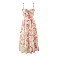 Aiertu 2024 Elegant Women Sexy Front Slit Floral Print Sling Midi Dress Lace Up Bandage Back Female Summer Dresses Holiday Robe Aiertu