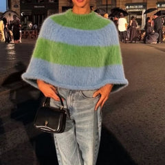 AIERTU - Y2K Color Block Poncho Sweater Women Mock Neck Loose Batwing Sleeve Fluffy Knit Cape Pullover Casual Oversized Striped Tops Aiertu
