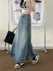 Aiertu Y2k Raw Edge Stitch Maxi Denim Skirt Plain Casual High Waist Long Jeans Skirt Korean Retro Women Streetwear Aiertu