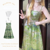 Aiertu - Ethereal Beauty of a Summer Elven Forest Forager Maxi Dress and Handkerchief Bandana Full Set Kawaii Academia Y2K Cottagecore Coquette Fairycore Dollette Princesscore Aiertu