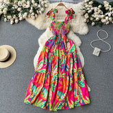 Aiertu Summer Vacation Spaghetti Strap Long Dress Women Sleeveless Ruched Elastic Backless Dress Floral Print Beach Sundress Aiertu