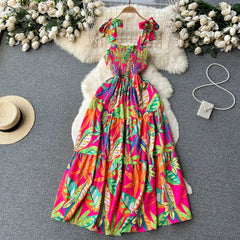 Aiertu Summer Vacation Spaghetti Strap Long Dress Women Sleeveless Ruched Elastic Backless Dress Floral Print Beach Sundress Aiertu