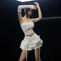 Aiertu Hollow Out Drawstring Strapless Mini Dress Women Off Shoulder Ribbed Knit Dresses With Mid-Length Oversleeve Vestidos Aiertu