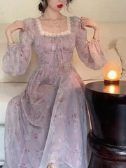 Aiertu Women Vintage Violet Print Square Neck Lace Fairy Dress Solid Elegant Bodycon Autumn Party Lady Pleated Princess Long Dress Boho Aiertu